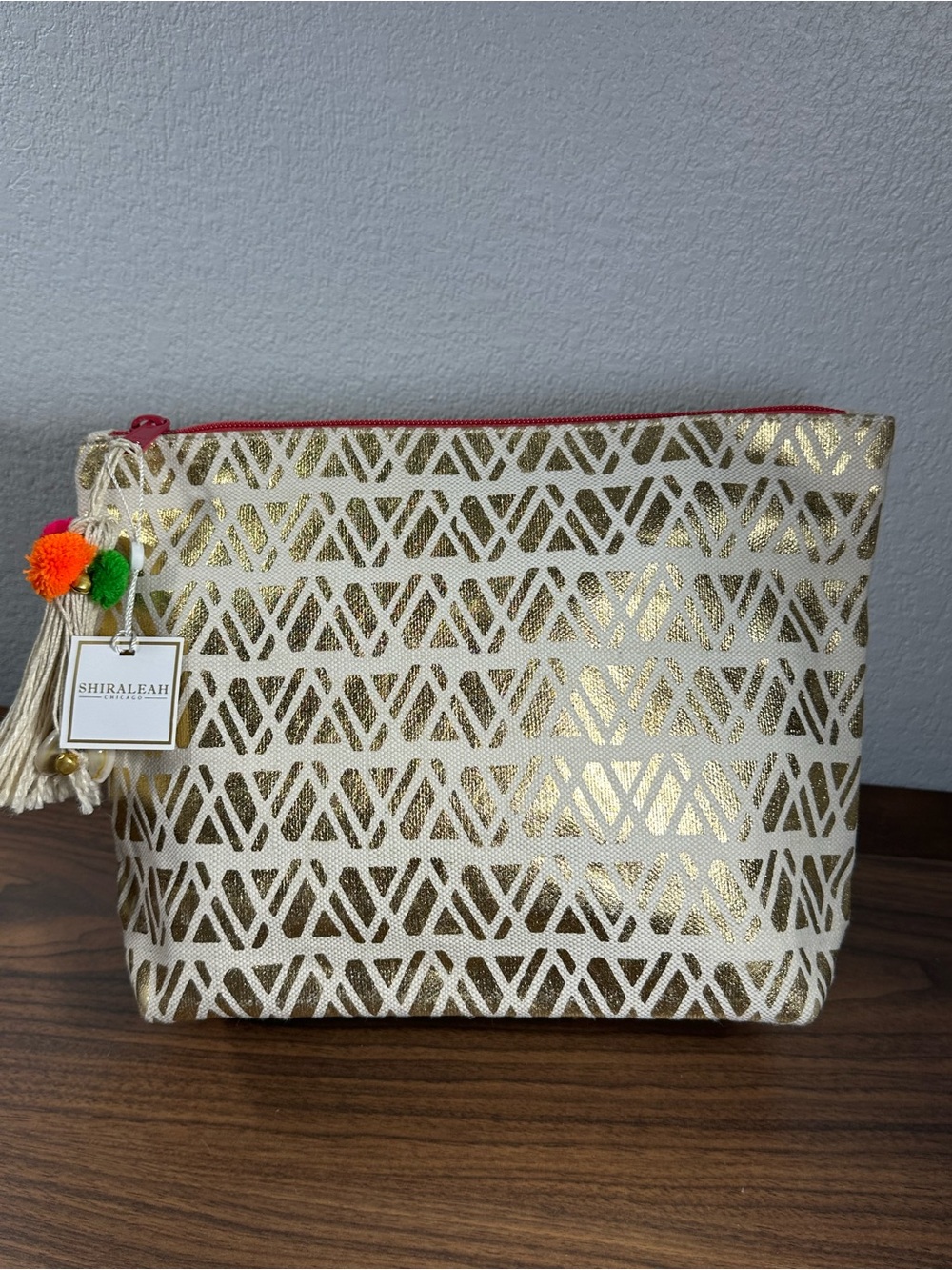 Shiraleah Cream & Gold Geometric Cosmetic Pouch with Colorful Tassel